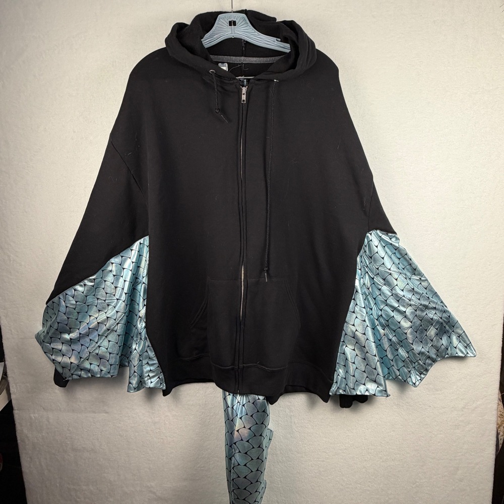 OOAK Custom Dragon Hoodie Black Blue Metallic Scales Wings Tail Cosplay XL